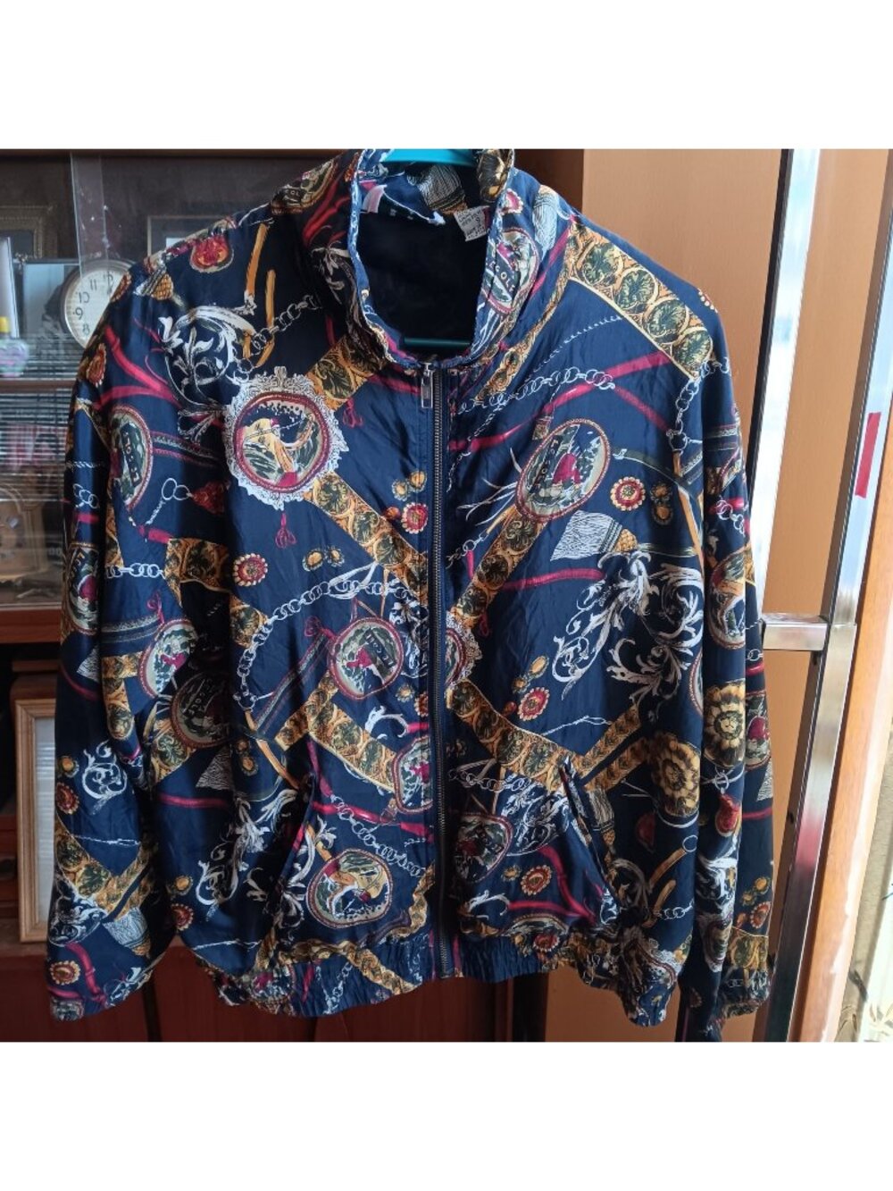Vintage Small EVR Silk Jacket Equestrian Print Full Zip Elastic Hem 1990s